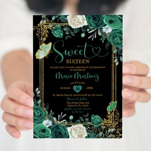 Bearbeitbar Sweet Sixteen Smaragdgrün Geburtstags-Schwarz-Hintergrund-Einladung, Smaragdgrün Quinceamaßa Gold Glitter 16.Geburtstag einladen, S385