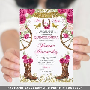 Invitación editable de quinceañera charra con rosa rosa occidental, invitación de quinceañera mexicana con caballo floral, invitación española de fiesta con botas vaqueras Z112