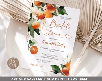 Faire-part de douche nuptiale orange modifiable, élégante elle a trouvé sa douche nuptiale de compression principale, invitation de brunch de mariée orange d'agrumes d'été, S471