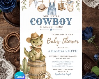 EDITABLE Dino Our Little Cowboy Cute Baby Shower Clothesline Invitation, Cactus Wild West T-Rex New Baby Invite, Dinosaur Baby Shower, ZA01