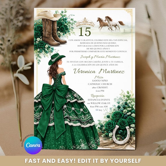 Spanish Emerald Green Floral Charro Princess Sweet 15 Años Invitation, Cowboy Boots Horses Mis Quince, Green Girl Western Quinceañera, S255