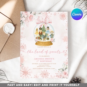 Editable Bow Nutcracker Pink Winter Snowball Land of Sweets Snowflakes 1st Birthday  Invitation, Most Onederful Time of the Year Invite S601