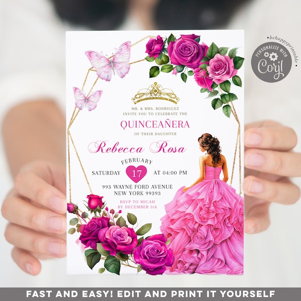 Editable pink fuchsia girl quinceanera invitation, pretty pink dress princess quinceañera, elegant pink floral butterfly XV años invite Q36