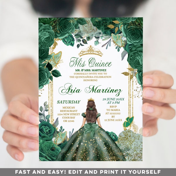 Editable Mis Quince Emerald Green & Gold Birthday Invitation, Elegant Butterfly Mexican princess Quinceañera, Spanish girl sweet 16th S460