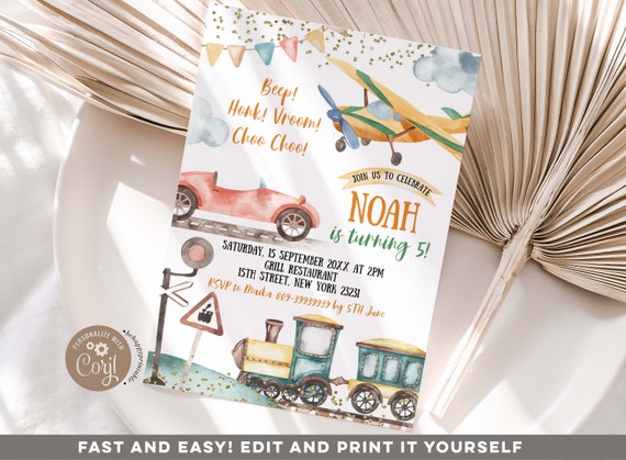 Editable Transportation Boy Birthday Invitation, Kid's colorful birthday invite, car airplane & train invite, Transport birthday invite Z110