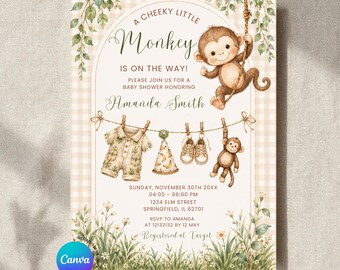 Boho Cheeky Little Monkey Is On The Way Boy Baby Shower Gingham Invitation, Jungle Animal Baby Shower, Gender Neutral Safari Baby Shower BB4