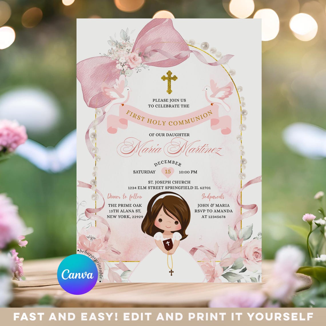Blush Pink Floral Little Girl Praying First Holy Communion Invitation ...