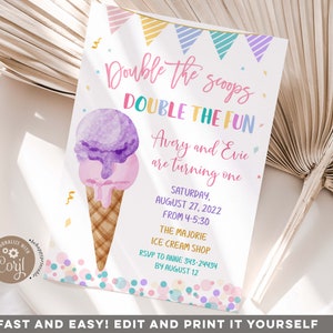 Editable Double the Scoops Twin Birthday Ice Cream Invitation, Colorful Kid's birthday, Pastel color pallete double the scoops invite S341