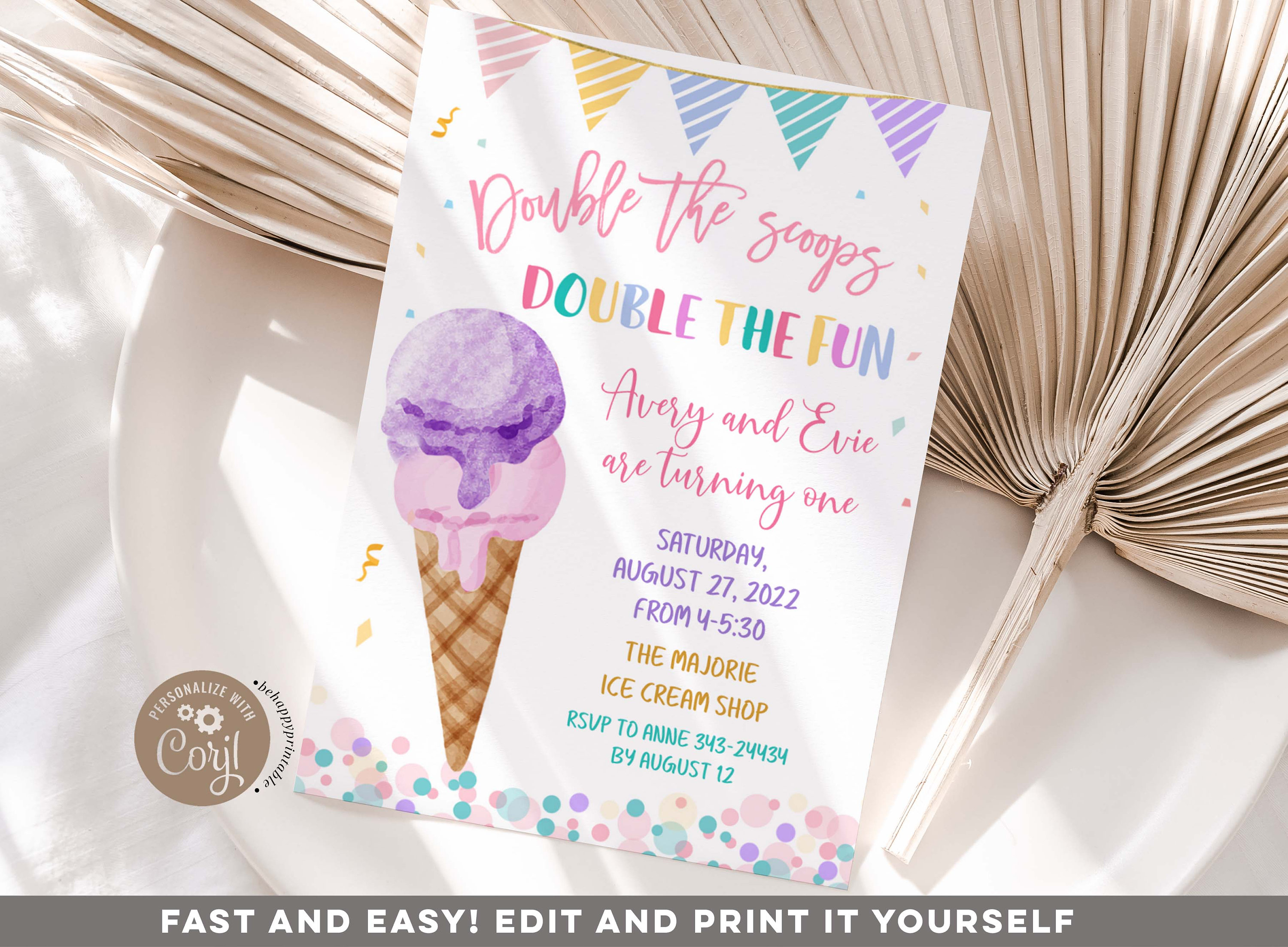 Editable Double the Scoops Twin Birthday Ice Cream Invitation -   Portugal