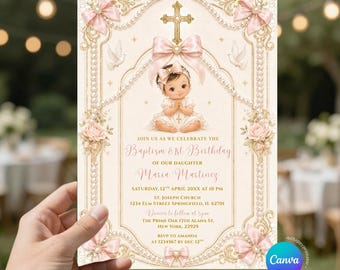 Editable Luxurious vintage Pearls Pink Baptism & 1st Birthday  Bow Ribbon Invitation, Girl Mexican Bautizo Christening Cross Invite, S611