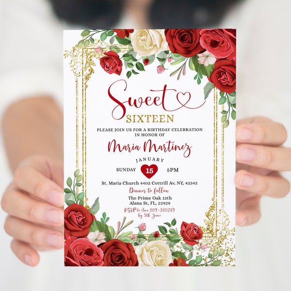 Editable Sweet Sixteen Red Roses Flowers Birthday Gold Invitation, Elegant Red Quinceañera Gold Glitter Sweet 16th Birthday invite, S255