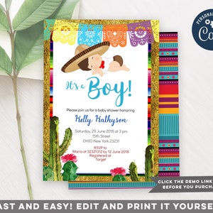 Fiesta It&#39;s a Boy Baby Shower Invitation, Fiesta Cactus Invitation, Mexican Boy Baby Shower Invitation, Colorful Mexican Invitation, charro