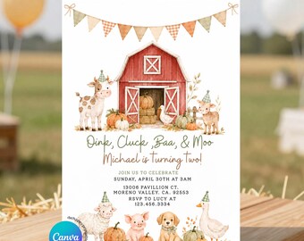 EDITABLE Fall Autumn Oink, Cluck, Baa, and Moo farm animal birthday Gingham invitation, Cute Vintage Kid's Barnyard Birthday invite, GC2