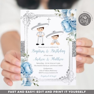 Convite de batismo e aniversário para irmãos mexicanos editáveis, flores azuis empoeiradas prateadas charro espanhol, batizado de aniversário de irmãos S219