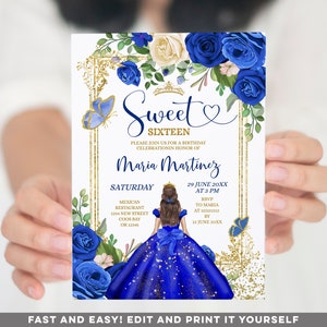 Elegant Royal Blue Sweet Sixteen Birthday Princess Floral Invitation, Editable Girl Quinceañera Gold Glitter Sweet 16th Birthday invite S385