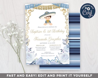 Fiesta Blue Pastel Baptism invitation, Mexican Blue Pastel & Gold 1st Birthday Invitation, Mexican Theme invite, Mexican Charro Invite, S243