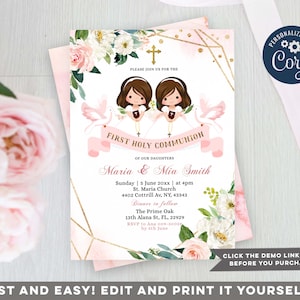 Convite EDITÁVEL para primeira comunhão de irmãs gêmeas, convite elegante com flores rosas para batismo, convite para primeira comunhão de meninas com glitter dourado Z95