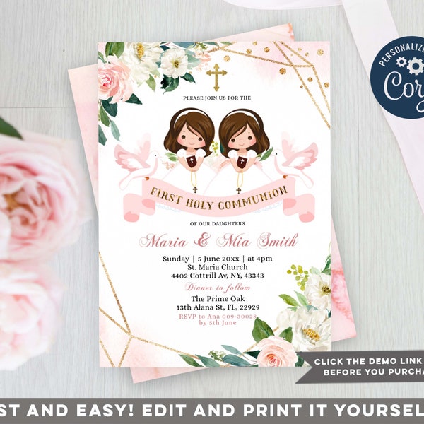 EDITABLE Twin Girl sibling first communion Invitation, Elegant Chistening Pink Flowers Invite, Printable 1st Girl Communion Gold Glitter Z95
