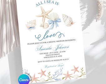 Editable Blue Summer Blue Ocean All Sea is Love Beach Bridal Shower Invitation, Nautical Bridal Brunch Party Sea Animals Invite, Z100
