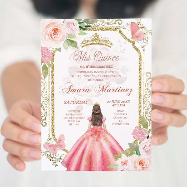 Editable Pink Roses Mis Quince Invitation, Pink floral dress mexican Quiñceanera invite, Pink butterfly Dusty pink sweet 16th invite S378