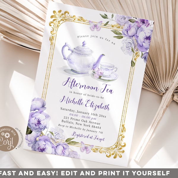 Editable purple victorian bridal tea party invitation, purple gold afternoon tea bridal shower, purple roses floral bridal tea invite B6