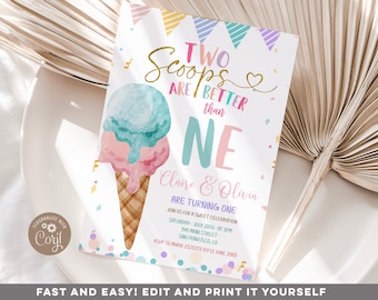 Editable Two scoops are better than one Invitation, Colorful Glitter Invite, Twin 1st birthday Pastel Colorful ice cream birthday, S341
