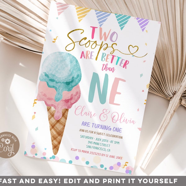 Editable Two scoops are better than one Invitation, Colorful Glitter Invite, Twin 1st birthday Pastel Colorful ice cream birthday, S341