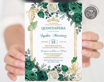 Editable Emerald Green Mexican Charra Mis Quince, Elegant spanish girl sweet 15th birthday, Floral green white & butterfly quinceañera S385