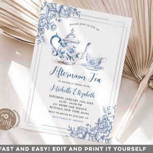 Editable dusty blue garden tea party bridal shower invitation, blue victorian afternoon tea, chinoiserie blue botanical floral invite Z170