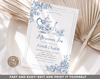 Editable dusty blue garden tea party bridal shower invitation, blue victorian afternoon tea, chinoiserie blue botanical floral invite Z170