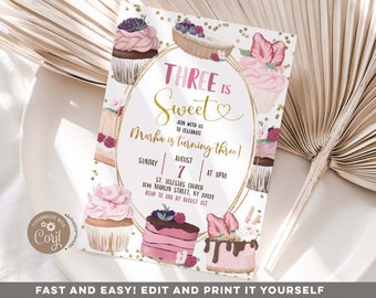 Editable pink cupcake sweet 3rd birthday invitation, pink and gold cupcake birthday party invitation, sweet cupcake three is sweet Z153