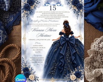 May include: A quinceañera invitation card featuring a navy blue and gold floral border with a central illustration of a person in a voluminous navy blue ballgown. The text includes details for a 15th birthday celebration for Veronica Maria Martinez.