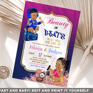 Editable beauty or beats gender reveal invitation, hot pink and blue baby gender reveal, beauty and dj hip hop gender reveal invitation Z178