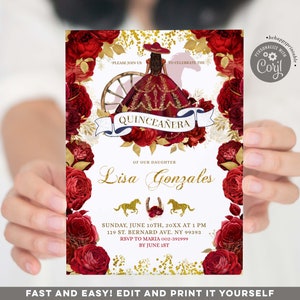 editable red roses floral western quinceañera invitation, red gold charra mis quince invitation, red dress xv años, horse sweet 15th Q20