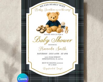 Editable Luxury We Can Bearly Wait Baby Shower Invitation, Classic Bear Gender Neutral, Vintage Black plaid Canva Template invite, Z103