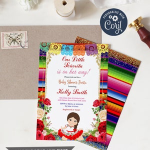 Editable Fiesta Mexican Baby Shower, Our little Senorita is on her way, Gender Reveal invitation, Mexica Red Roses, Mexican Theme, S267