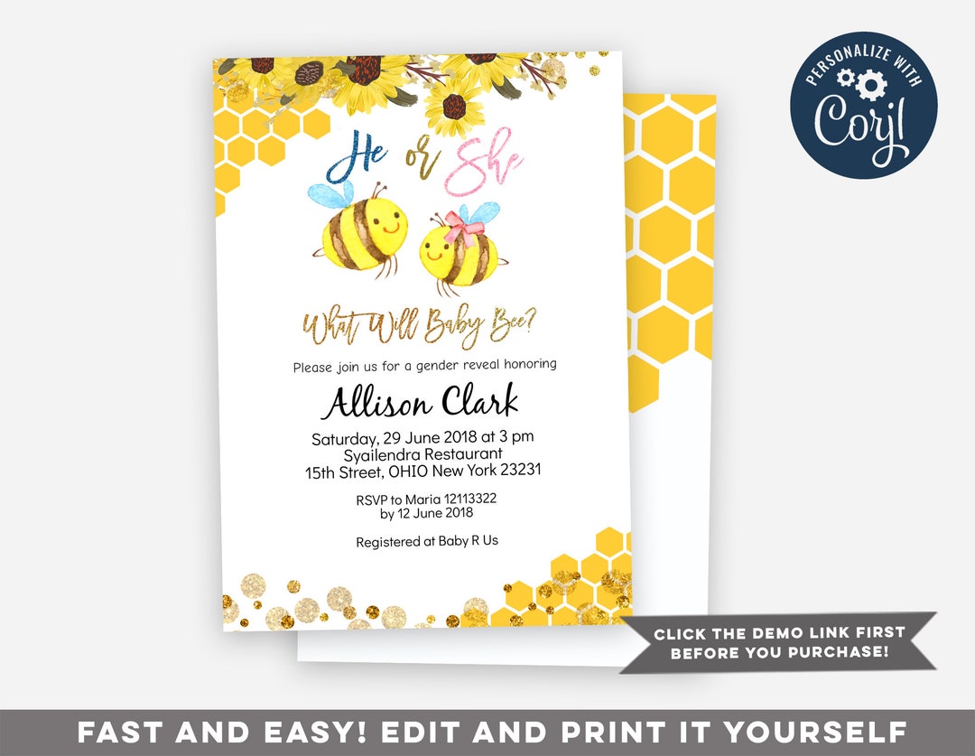 Bee Gender Reveal Invitation, He or She Gender Reveal Invitation ...