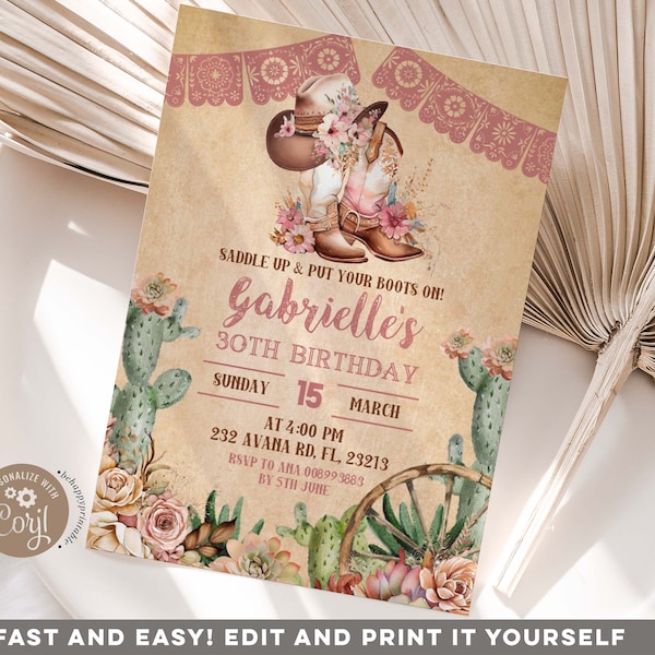 Editable boho floral boots cowgirl birthday invitation, Southwestern adult birthday party, rustic country cactus birthday invitation Z103