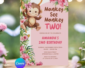 EDITABLE Pink Floral Monkey See Monkey Two Girl 2nd Birthday Invitation, Brown Monkey Jungle Animal Theme Second Birthday Party Invite, BR1