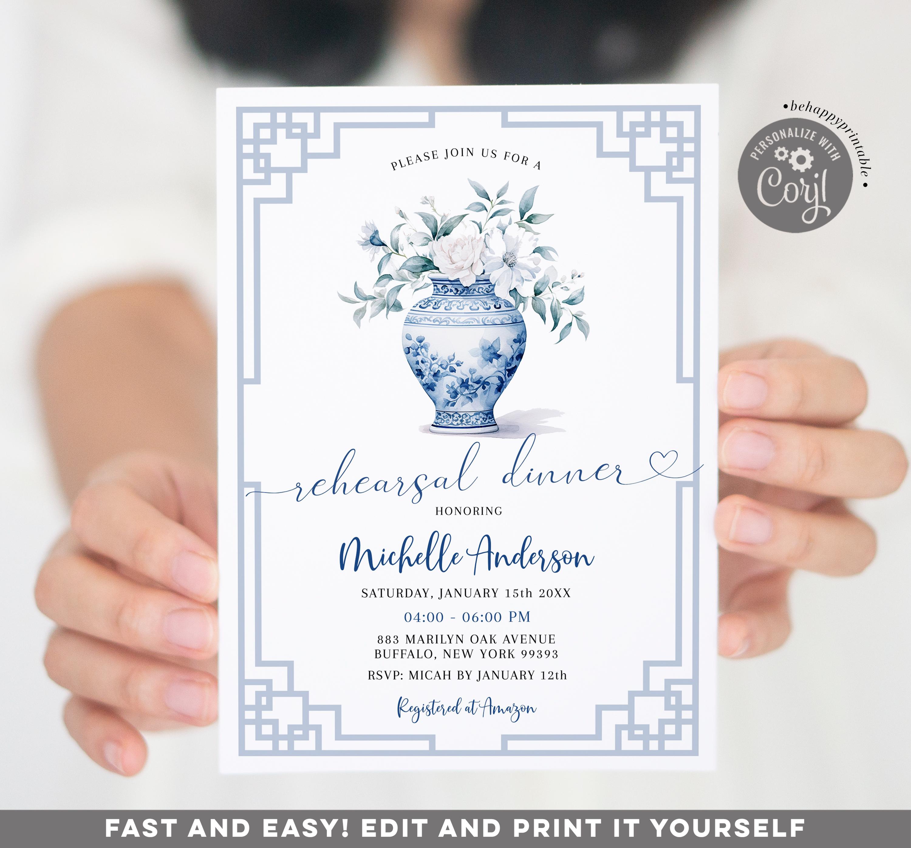 Editable blue chinoiserie ginger jar rehearsal dinner invitation, victorian blue rehearsal dinner, blue porcelain white floral invite Z171