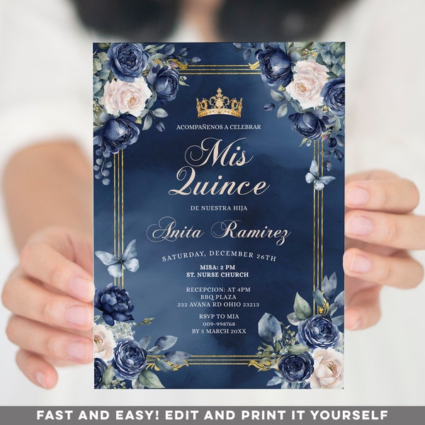 Editable Navy Blue & White Roses Quinceañera invitation, Blue Flowers 16th Birthday Girl party, Gold Crown 15 Anos Mis quince invite, S501