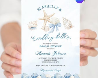 Editable Blue Summer Ocean Seashells and Wedding Bells Beach Bridal Shower Invitation, Nautical Bridal Brunch Party Sea Animals Invite, Z100