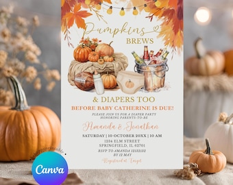 May include: A fall-themed baby shower invitation with pumpkins, leaves, and beer bottles. The text reads "Pumpkins & Brews & Diapers Too" with details for Amanda & Jonathan's baby shower, including date, time, and location. The invitation is designed to be edited and printed.