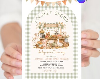 Editable Locally Grown Pumpkin Market Baby Shower Gingham Farm Animal Invitation, Fall Farmers Market Baby Shower invite, Home Grown, GC2