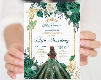 Editable Mis Quince Emerald Green & White Birthday Invitation, Elegant floral Mexican princess quinceañera, Spanish girl sweet 16th S385