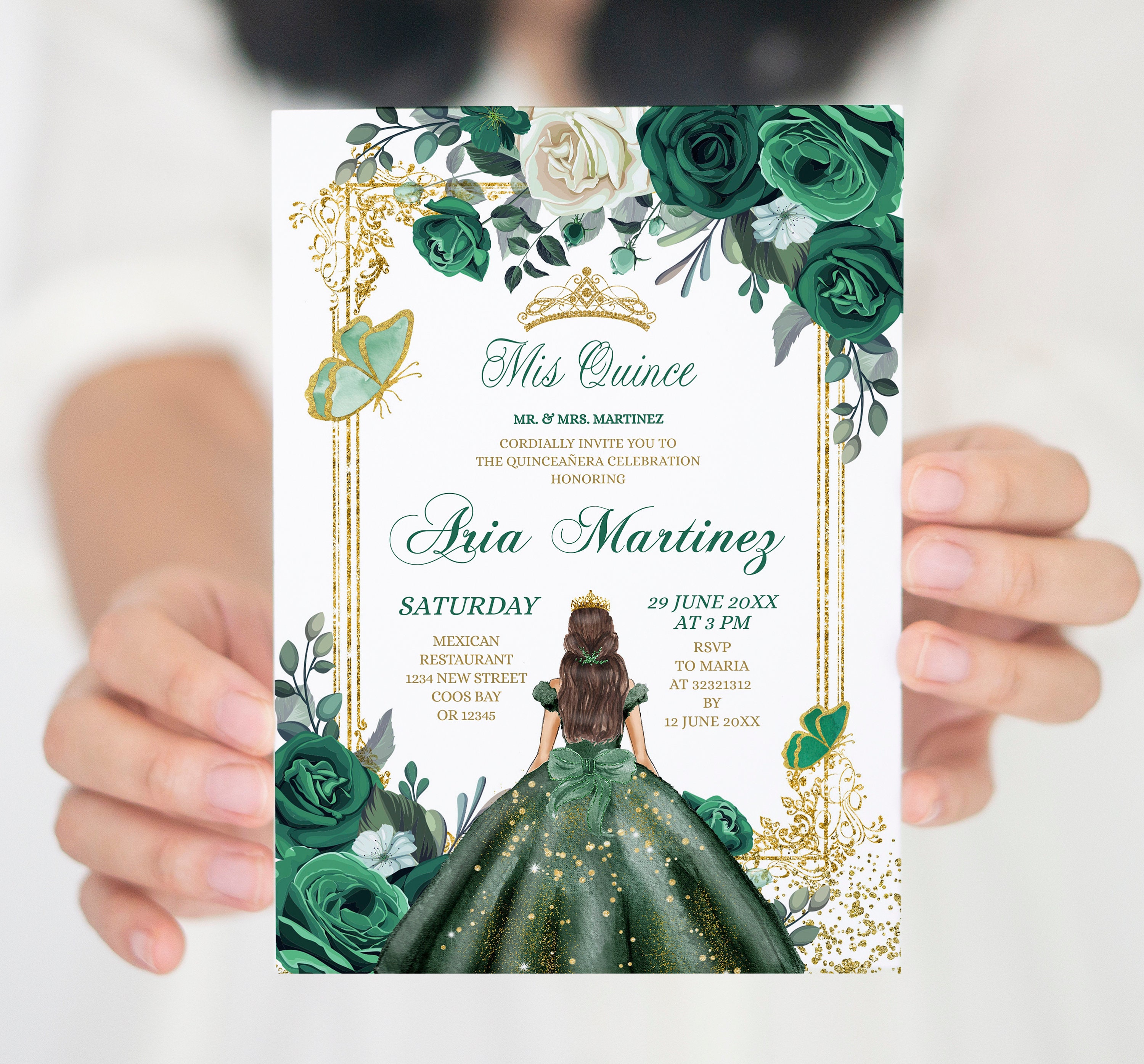 Invitaciones De 15 Años Verde Esmeralda Para Editar Gratis Editable Mis Quince verde esmeralda y blanco invitación de cumpleaños elegante princesa mexicana floral quinceañera niña española dulce 16 S385 - Etsy España