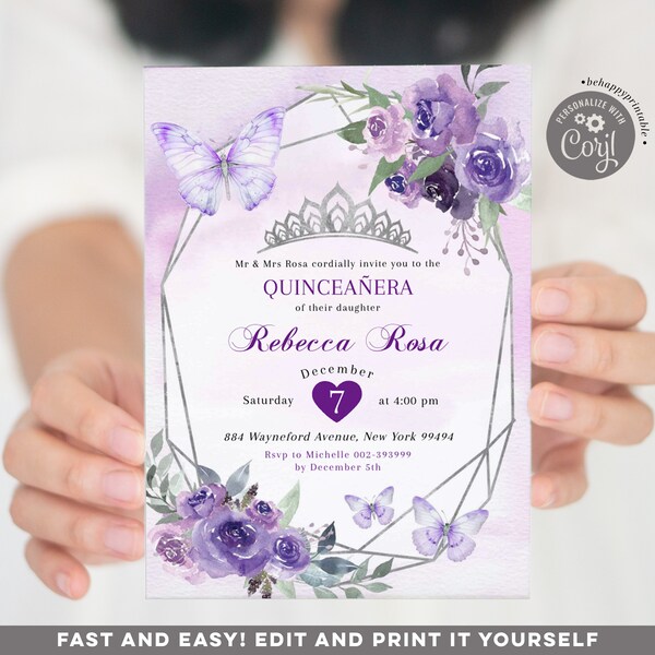 Editable elegant purple roses sweet 16th birthday invitation, geometric butterfly mis quince, royal crown lavender quinceañera invite B11