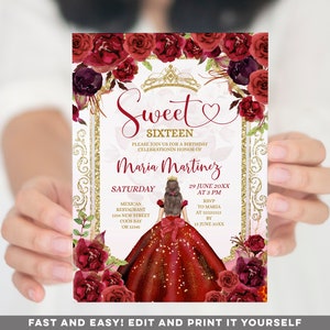 Editable Girl Sweet Sixteen Birthday Princess Burgundy Flowers Invitation, Elegant Quinceañera Gold Glitter Sweet 16th Birthday invite, S255