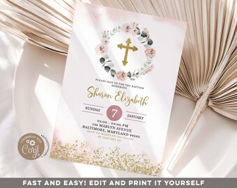 Editable Dusty Pink Gold Cross Girl Baptism Invitation, Minimlist girl christening invite, Elegant soft pink baptism invite, Gold cross W12