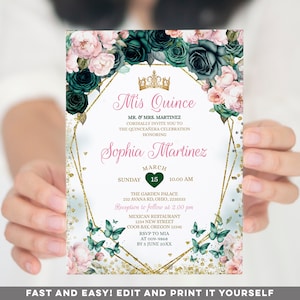 Editable Pink & Emerald Green Quinceañera invitation, Mexican Green Floral Sweet 16th Birthday Girl, Butterfly 15 Mis quince invite, S479